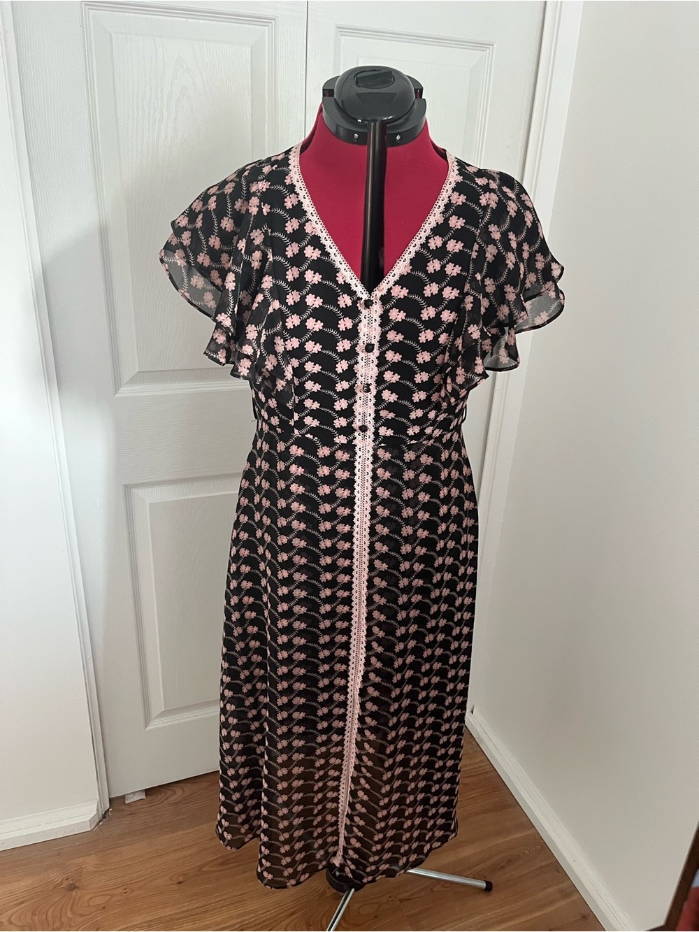 Black Midi Dress with Pink Floral Trim and Lace Detail